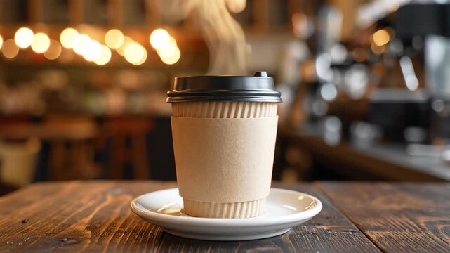Paper coffee cup on wooden table in cafe, cozy takeaway drink background