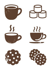 Brown coffee cookies and mugs with steam