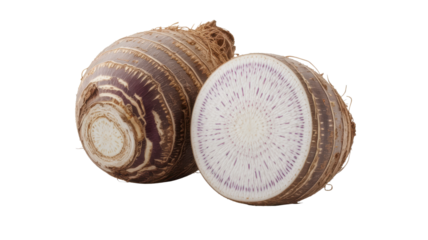 Fresh taro root cut open showing white interior isolated on transparent background