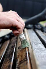 Repairing the wooden bench: sanding with the instrument and painting with brush.