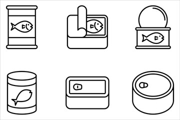 canned food icon set, tuna, meat, pack,  tin can, Editable stroke on white background