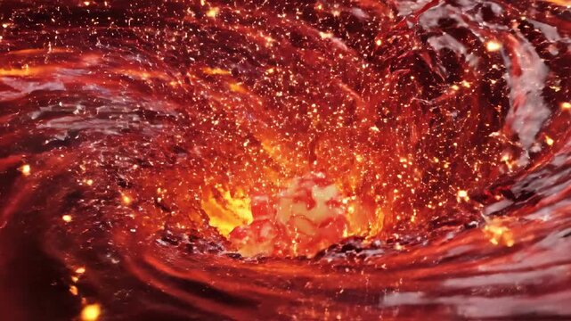 Abstract stylized rendering of translucent red shrimp and spinning galangal slices dissolving into a fiery conceptual pool representing intense spicy flavor dissolving, fusion, culinary