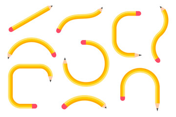 Pencils in different shapes. Curved stylized pencil set. School playful design elements. Ideal for notebooks, diaries, children&rsquo;s graphics, education themes and stationery design. Vector illustration