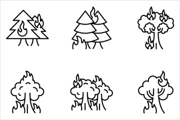 Forest fire line icon set. Wildfire symbol. Editable stroke on white background