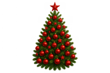 Christmas tree decorated with red baubles and stars, featuring a star topper on transparent background