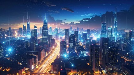 Futuristic City at Night: Digital Art Animation of a Connected Urban Landscape, Skyline View - Powered by Adobe