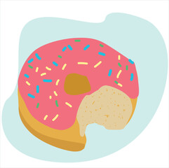 strawberry cream donuts. Donut with pink glaze and coloured sprinkles Bite size donuts with crumbs. 

