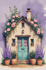 Watercolor illustration of a charming cottage with pink roses, turquoise door, and lavender plants. Whimsical home decor art.