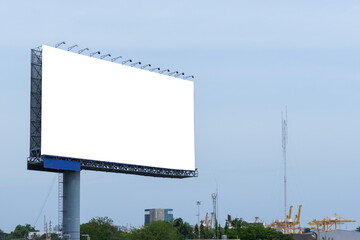 Empty large business commercial billboard for rent on white background are installed on side of expressways on city so that motorists on highway can see advertisements with sky and cloud