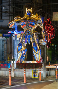 Bangkok-Thailand JAN 29 2025: Optimus Prime character, Transformers characters were created by residents of Talat Non community using salvaged car parts and placed at the intersection of Songwad Rd.