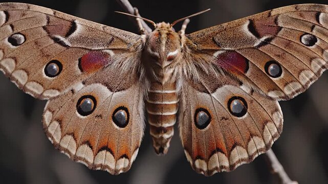 Close-up of a beautiful moth with intricate wing patterns resting on a branch.