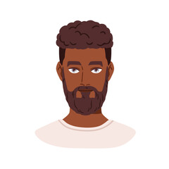 Black man, head avatar, portrait. Handsome young male character with short curly afro hair style, modern haircut, hairdo and beard, user profile. Flat vector illustration isolated on white background