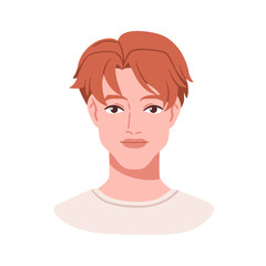 Young man, face avatar, head portrait. Handsome male character with curtain fringe hairstyle, trendy haircut. Modern person, user profile. Flat vector illustration isolated on white background