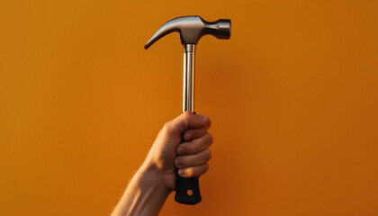 Hand Holding Metal Hammer Against Orange Background - Industrial Action Photography