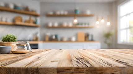Empty rustic wooden table foreground against a bright, modern kitchen