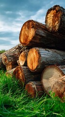 Golden hour light illuminates stacked wooden logs on vibrant green grass