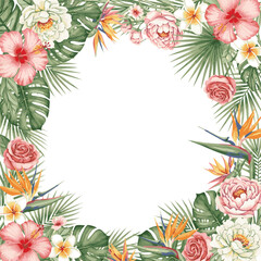 Tropical flowers palm leaves dried roses peonies floral boarder frame greenery foliage modern watercolor romantic wedding summer alpha channel