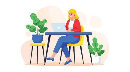 Modern Work-from-Home Setup with Person Using Laptop at Desk — Comfortable Workspace Featuring Plants, Abstract Pastel Background, and Casual Attire to Represent Productivity, Focus, and Remote Work C