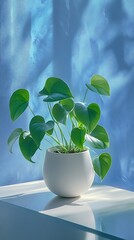 Healthy monstera plant in white round pot against blue wall