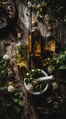 Natural herbal remedies and ingredients prepared on a rustic wooden table