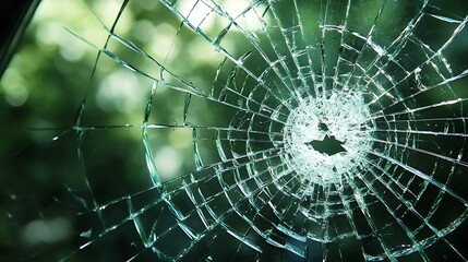 Shattered glass window with a central impact point