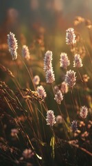 Soft fluffy white flowers illuminated by warm golden hour sunlight