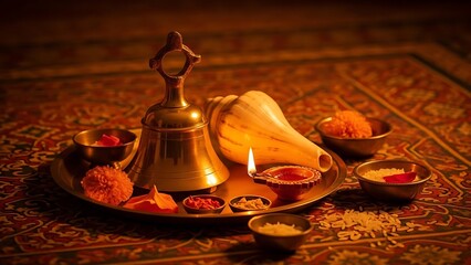 Traditional Indian puja setup with bell and incense