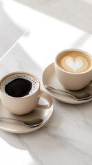Two coffee cups, a black coffee and a latte, on a sunlit white marble table