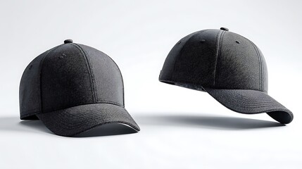 Two sleek black baseball caps displayed on a white surface