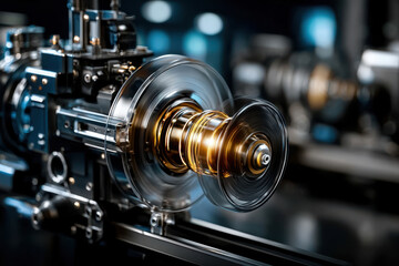 Naklejka premium Detailed close-up of a precision engineered turbine component in a modern workshop setting