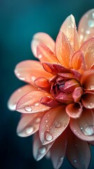 Vibrant orange pink dahlia petals covered with water drops
