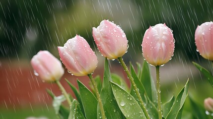 Vibrant pink tulip flowers with glistening raindrops gently falling on their delicate petals