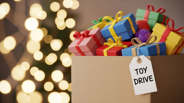Box full of colorful toys with tag Toy Drive and twinkling Christmas lights in soft focus. Toy Drive concept includes vibrant presents and festive decorations for celebration and charity.