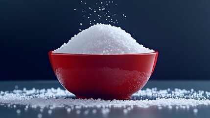 White granular salt actively falling into a vibrant red bowl