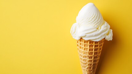 White vanilla ice cream scoop on a crunchy waffle cone isolated on a bright yellow background