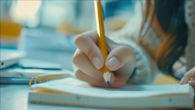 A student writing in a notebook with pencil on a desk.