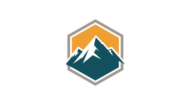Geometric mountain logo in a hexagon frame, featuring peaks against yellow and gray