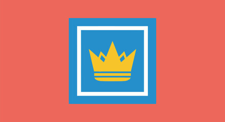 A gold crown within a blue square, inside a white outline, on a coral background