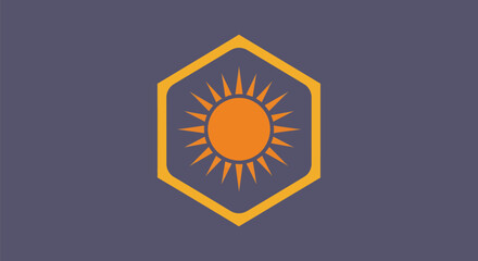 A sun design with a radiant sun inside a yellow hexagon on a grey background