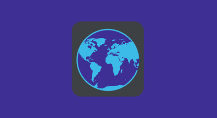 A globe icon, with continents in blue, inside a dark grey rounded square on a blue background