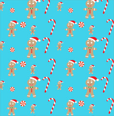 Blue Christmas pattern with caramels and cookies.