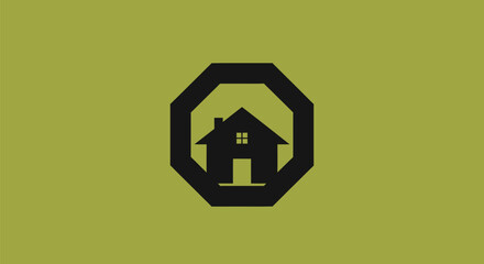 A house silhouette inside an octagonal shape, all in black, on a light olive green background