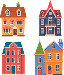 Colorful cartoon houses illustration set, charming residential buildings, playful architecture designs, cute town homes, whimsical urban facades, vibrant neighborhood artwork