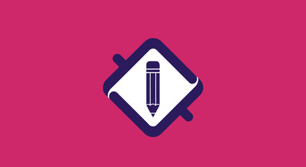 A white pencil icon within a dark purple-framed square on a pink background