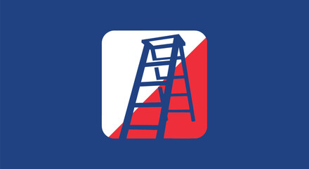 A blue stepladder silhouette on a white and red background within a blue rectangle with rounded edges