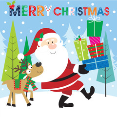Christmas card with santa, reindeer and gifts