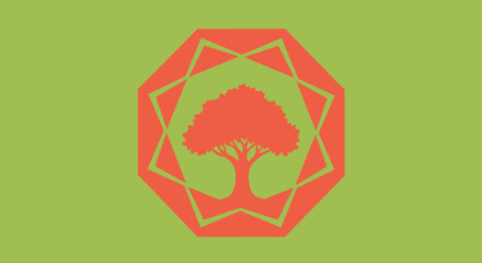 A stylized tree within a coral geometric frame on a muted green background