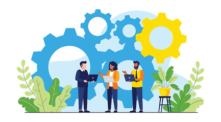 Team Collaboration and Productivity in Business Environment — Professionals with Clipboard, Tablet, and Pointer Engaged Around Large Colorful Gears with Plants and Table Representing Strategy and Tech