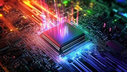 Vibrant digital data streams illuminate a central microprocessor on a futuristic glowing circuit board representing advanced technology and processing power