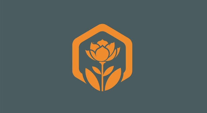 An orange flower with leaves in a hex-shaped outline, set against a gray background